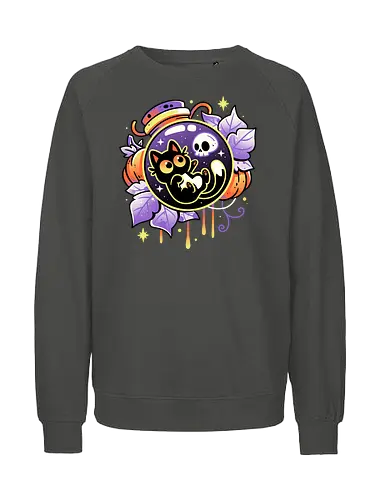 Halloween Bottled Kitten - black cat, autumn, creepy cute, skull, pumpkin season, halloween, gothic, potion bottle, pastel goth, spooky cute, witchy vibes, fall, magic, kawaii - Fairtrade Sweatshirt