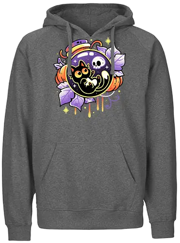 Halloween Bottled Kitten - black cat, autumn, creepy cute, skull, pumpkin season, halloween, gothic, potion bottle, pastel goth, spooky cute, witchy vibes, fall, magic, kawaii - Fairtrade Hoodie