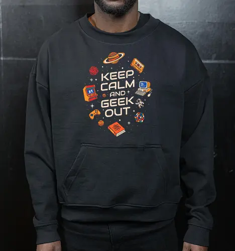Keep Calm And Geek Out - geek, astronaut, book, casette, computer, developer, gamer, humor, music, nerd, programmer, retro, scifi, video game, vintage - Cropped Sweatshirt