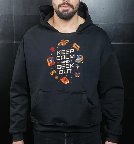 Keep Calm And Geek Out - geek, astronaut, book, casette, computer, developer, gamer, humor, music, nerd, programmer, retro, scifi, video game, vintage - Cropped Hoodie