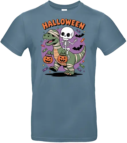 Halloween Dinosaur and Skeleton  - Halloween, dinosaur, skeleton, trick-or-treating, mummy, T-Rex, spooky, cute Halloween, kids Halloween, Halloween art, festive, candy, jack-o'-lantern, bats, holiday, October, funny Halloween, dinosaur Halloween, skeleton riding dinosaur, whimsical Halloween - Standard T-Shirt