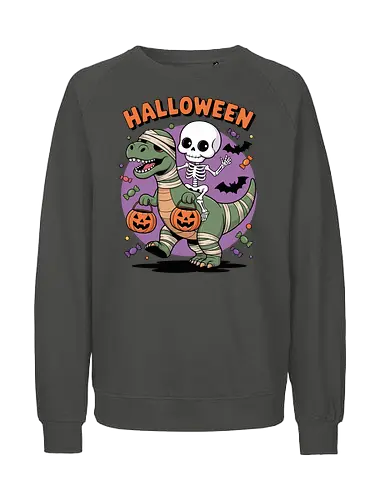 Halloween Dinosaur and Skeleton  - Halloween, dinosaur, skeleton, trick-or-treating, mummy, T-Rex, spooky, cute Halloween, kids Halloween, Halloween art, festive, candy, jack-o'-lantern, bats, holiday, October, funny Halloween, dinosaur Halloween, skeleton riding dinosaur, whimsical Halloween - Fairtrade Sweatshirt