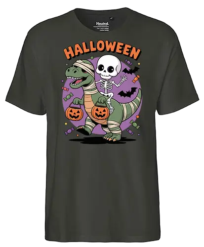 Halloween Dinosaur and Skeleton  - Halloween, dinosaur, skeleton, trick-or-treating, mummy, T-Rex, spooky, cute Halloween, kids Halloween, Halloween art, festive, candy, jack-o'-lantern, bats, holiday, October, funny Halloween, dinosaur Halloween, skeleton riding dinosaur, whimsical Halloween - Fairtrade T-Shirt