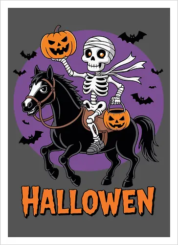 Halloween Skeleton Trick-or-Treating on a Horse Art