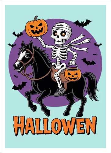 Halloween Skeleton Trick-or-Treating on a Horse Art