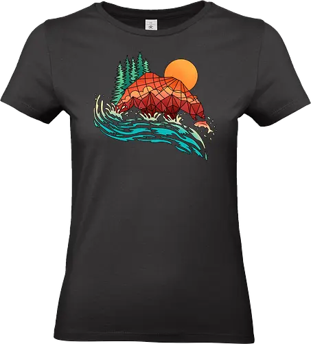 Wild Balance - Bear Catching Fish - nature, abstract, adventure, animal, autumn, bear, camping, fall, fish, geometric, mountain, salmon, stained glass, vacation, wildlife - Standard T-Shirt (Women)