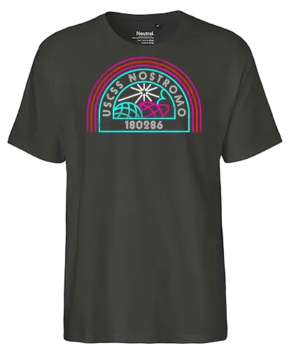 Retro Nostromo - Alien, Weyland yutani, xenomorph, yutani, colonial marines, headless hope, lv 426, lv426, Prometheus, Romulus, Weyland, facehugger, retro neon - Fairtrade T-Shirt