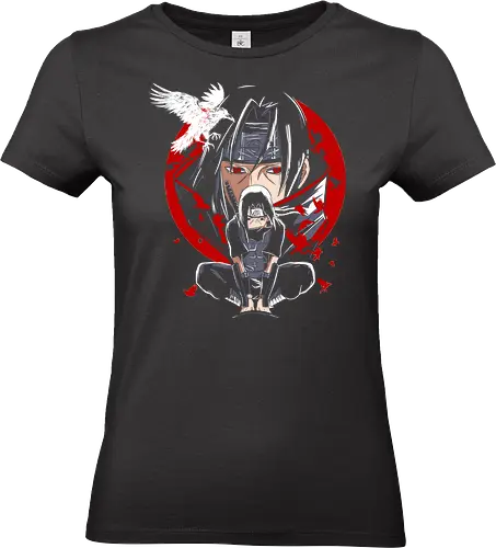 Itachi and Izumi Uchiha Tsukuyomi Shinobi Shippuden Art - Itachi Uchiha, Izumi Uchiha, Tsukuyomi, Naruto Shippuden, Mangekyo Sharingan, Sharingan, anime, manga, Uchiha clan, Itachi, Izumi, crows, red moon, anime art, fan merchandise, genjutsu, tragic, love, ninja, shinobi - Standard T-Shirt (Women)