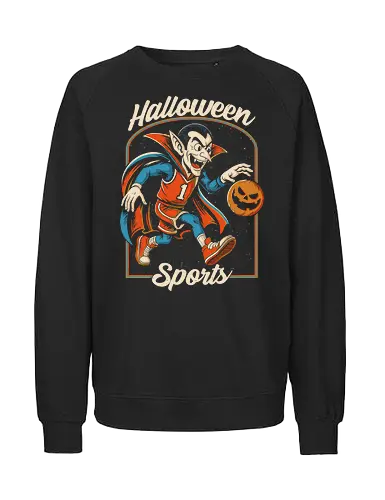 Halloween Sports - halloween sports, funny vampire, basketball halloween, spooky basketball, halloween humor, retro halloween art, vampire athlete, horror sports, halloween basketball gift, halloween tee, halloween poster, basketball with pumpkin, dark humor halloween, vintage vampire design - Fairtrade Sweatshirt