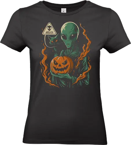Halloween Area 51 - halloween alien, alien art funny, black cat halloween, cosmic halloween, area 51 halloween, sci-fi halloween art, intergalactic pumpkin, alien halloween tee, funny alien halloween, vintage sci-fi art, halloween gift, halloween retro design, alien with cat, spooky alien design - Standard T-Shirt (Women)