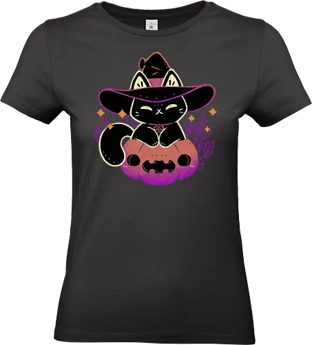 Cute Halloween Cat on Pumpkin - halloween, black cat, pumpkin, witch, creepy cute, spooky cute, witchy, witch hat, purple, goth, kawaii, occult, pink, magic, xmorfina - Standard T-Shirt (Women)