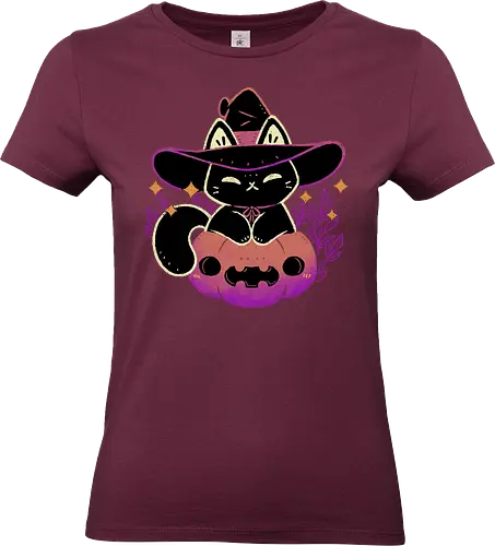 Cute Halloween Cat on Pumpkin - halloween, black cat, pumpkin, witch, creepy cute, spooky cute, witchy, witch hat, purple, goth, kawaii, occult, pink, magic, xmorfina - Standard T-Shirt (Women)