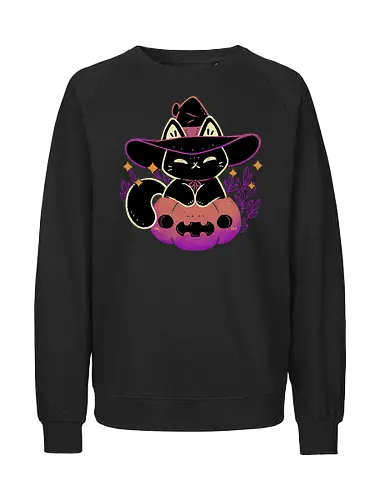Cute Halloween Cat on Pumpkin - halloween, black cat, pumpkin, witch, creepy cute, spooky cute, witchy, witch hat, purple, goth, kawaii, occult, pink, magic, xmorfina - Fairtrade Sweatshirt