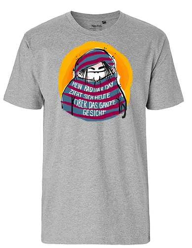 Ringeldinger "Mein Bad Hair Day .." - Ringelpullisprüche, Ringeldinger, streifenweise, Spruch, Weisheit, Motivation, Ringelpulli, Sprüche Shirt, Cartoon Illustration, Badhairday, Style, Beauty, Statement Shirt, Handgezeichnet, Humor, Selbstironie, Streifenpulli, Spruchshirt deutsch - Fairtrade T-Shirt