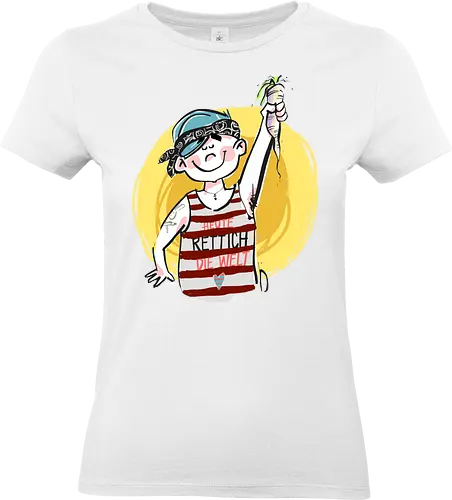 Ringeldinger "Heute RETTICH die Welt!" - Ringelpullisprüche, Ringeldinger, streifenweise, Spruch, Weisheit, Motivation, Ringelpulli, Sprüche Shirt, Cartoon Illustration, Statement Shirt, Gemüse, vegan, Handgezeichnet, Humor, Selbstironie, Streifenpulli, Spruchshirt deutsch - Standard T-Shirt (Women)
