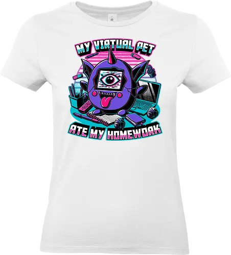 Digital Pet Homework - Vintage, Retro, Toy, Video Game, Game, electronic, Demon, Devil, Virtual Reality, Virtual, Virtual Pet, Pet, Summoning, Summon, Summoned, Ritual, Spirit, Creepy, Spooky, Spooky Season, Homework - Standard T-Shirt (Women)