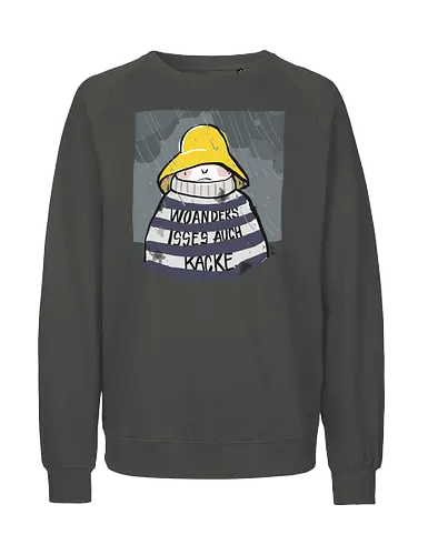 Woanders ist es auch kacke  - deutsch, Urlaub, Beach, Ringelpullisprüche, Ringeldinger, streifenweise, Spruch, Weisheit, woanders, Misanthrop, Motivation, Ringelpulli, SprücheShirt, Cartoon Illustration, Statement, Handgezeichnet, Humor, Selbstironie, Streifenpulli, Spruchshirt - Fairtrade Sweatshirt