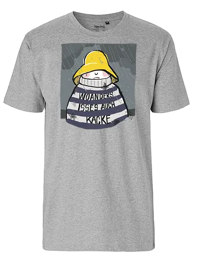 Woanders ist es auch kacke  - deutsch, Urlaub, Beach, Ringelpullisprüche, Ringeldinger, streifenweise, Spruch, Weisheit, woanders, Misanthrop, Motivation, Ringelpulli, SprücheShirt, Cartoon Illustration, Statement, Handgezeichnet, Humor, Selbstironie, Streifenpulli, Spruchshirt - Fairtrade T-Shirt