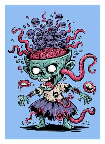 Creepy Zombie with Brain and Skulls Halloween Art
