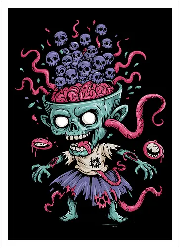 Creepy Zombie with Brain and Skulls Halloween Art