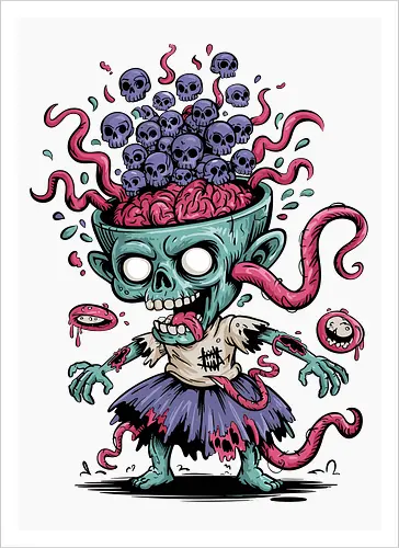 Creepy Zombie with Brain and Skulls Halloween Art
