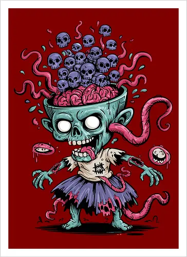 Creepy Zombie with Brain and Skulls Halloween Art