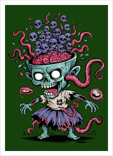 Creepy Zombie with Brain and Skulls Halloween Art