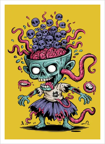Creepy Zombie with Brain and Skulls Halloween Art