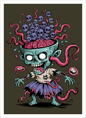 Creepy Zombie with Brain and Skulls Halloween Art