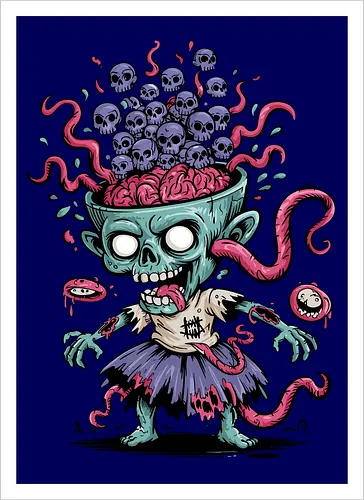 Creepy Zombie with Brain and Skulls Halloween Art