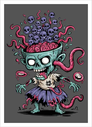 Creepy Zombie with Brain and Skulls Halloween Art