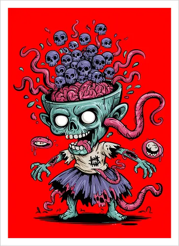 Creepy Zombie with Brain and Skulls Halloween Art