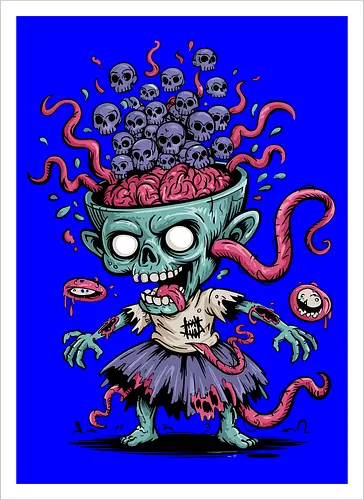 Creepy Zombie with Brain and Skulls Halloween Art