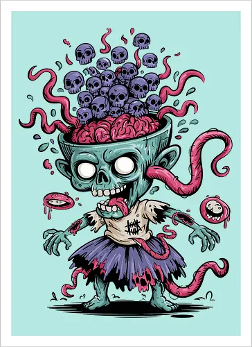 Creepy Zombie with Brain and Skulls Halloween Art