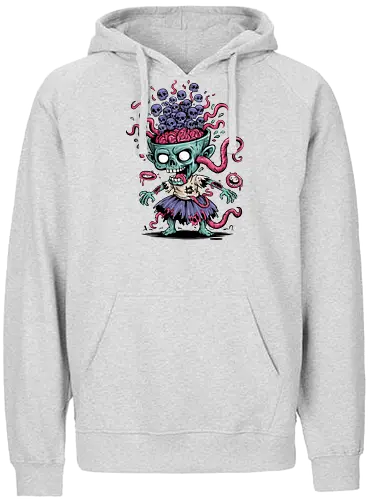 Creepy Zombie with Brain and Skulls Halloween Art - Creepy zombie, zombie art, skulls, brain, Halloween, horror, macabre, bizarre, unsettling, cartoon zombie, monster, undead, gore, spooky, Halloween decoration, horror fan, weird art, grotesque, horror illustration, unusual art - Fairtrade Hoodie