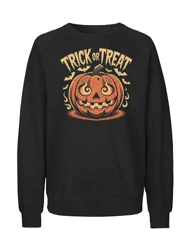 Trick or Treat" Flaming Jack-O'-Lantern Halloween Art - Trick or treat, Halloween, jack-o'-lantern, pumpkin, spooky, flaming pumpkin, bats, retro, vintage Halloween, Halloween art, festive, October, holiday, scary, fire, pumpkin carving, spooky decor, Halloween fan - Fairtrade Sweatshirt
