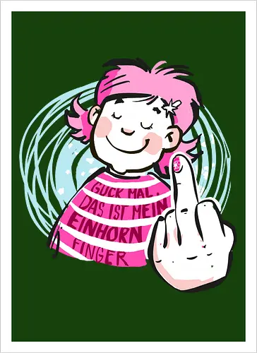 Einhornfinger - Ringelpullisprüche, Ringeldinger, streifenweise, Spruch, Weisheit, Motivation, Ringelpulli, SprücheShirt, Cartoon Illustration, Statement, Einhorn, Mittelfinger, Handgezeichnet, Humor, Selbstironie, Streifenpulli, Spruchshirt, deutsch - Artprint