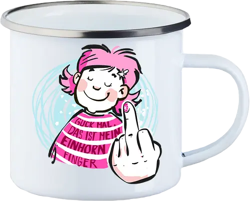 Einhornfinger - Ringelpullisprüche, Ringeldinger, streifenweise, Spruch, Weisheit, Motivation, Ringelpulli, SprücheShirt, Cartoon Illustration, Statement, Einhorn, Mittelfinger, Handgezeichnet, Humor, Selbstironie, Streifenpulli, Spruchshirt, deutsch - Enamel Mug