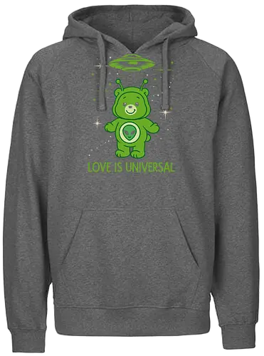Love Is Universal" Alien Care Bear UFO Parody Art - Love is universal, alien, Care Bear parody, UFO, extraterrestrial, cute, funny, sci-fi, space, nostalgia, 80s, parody, alien bear, beaming up, flying saucer, outer space, universal love, love, ET, whimsical - Fairtrade Hoodie