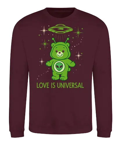 Love Is Universal" Alien Care Bear UFO Parody Art - Love is universal, alien, Care Bear parody, UFO, extraterrestrial, cute, funny, sci-fi, space, nostalgia, 80s, parody, alien bear, beaming up, flying saucer, outer space, universal love, love, ET, whimsical - Sweatshirt