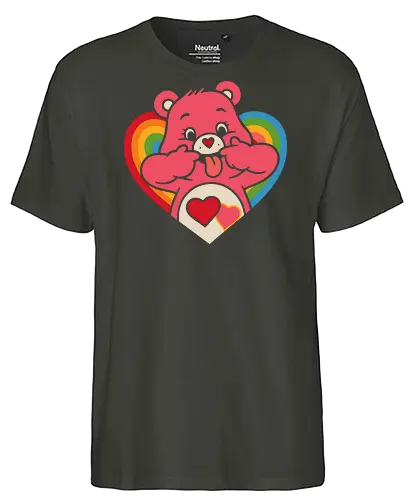 Cute Grumpy Heart  with Rainbow Heart Art Print - Care Bear, grumpy, funny, heart, rainbow, cute, sarcastic, fun art, unique design, 80s nostalgia, cartoon, pop culture, retro, anime art, fan merchandise, lovable, whimsical, silly face - Fairtrade T-Shirt