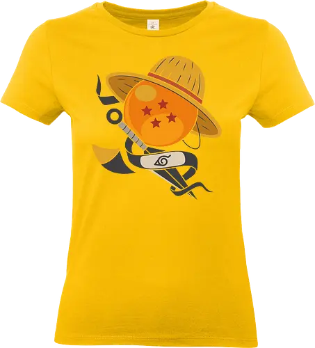 Anime Crossover Dragon Pirate Shinobi Mashup Art - Anime crossover, Dragon, Pirate, Shinobi, shonen, mashup, Dragon Ball Z, Straw Hat, ninja headband, anime art, fan merchandise, Goku, pirate, Naruto Uzumaki, anime fan, fandom, iconic symbols, manga, Japanese animation, epic - Standard T-Shirt (Women)