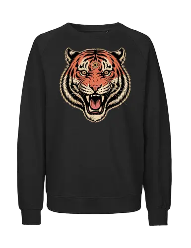 Third Eye Mystical Tiger Head Art Print - Tiger, third eye, mystical, spiritual, fierce tiger, animal art, tattoo style, wild animal, nature, bold art, unique design, tiger head, big cat, spiritual animal, tiger art print, animal lover, eye-catching, cool design, powerful, tiger roar - Fairtrade Sweatshirt