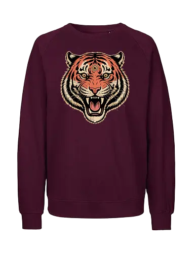 Third Eye Mystical Tiger Head Art Print - Tiger, third eye, mystical, spiritual, fierce tiger, animal art, tattoo style, wild animal, nature, bold art, unique design, tiger head, big cat, spiritual animal, tiger art print, animal lover, eye-catching, cool design, powerful, tiger roar - Fairtrade Sweatshirt