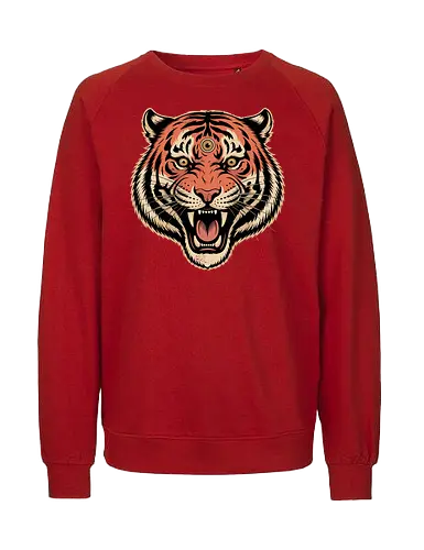 Third Eye Mystical Tiger Head Art Print - Tiger, third eye, mystical, spiritual, fierce tiger, animal art, tattoo style, wild animal, nature, bold art, unique design, tiger head, big cat, spiritual animal, tiger art print, animal lover, eye-catching, cool design, powerful, tiger roar - Fairtrade Sweatshirt
