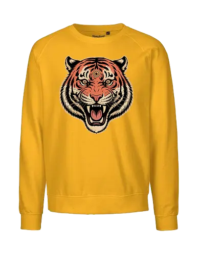 Third Eye Mystical Tiger Head Art Print - Tiger, third eye, mystical, spiritual, fierce tiger, animal art, tattoo style, wild animal, nature, bold art, unique design, tiger head, big cat, spiritual animal, tiger art print, animal lover, eye-catching, cool design, powerful, tiger roar - Fairtrade Sweatshirt
