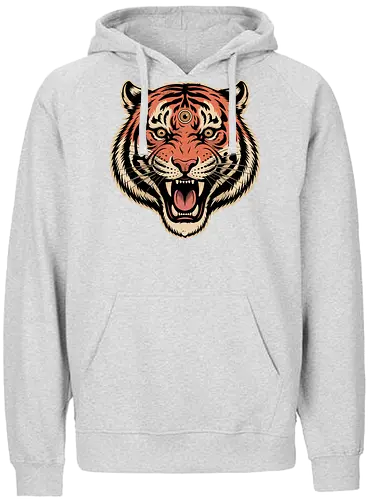 Third Eye Mystical Tiger Head Art Print - Tiger, third eye, mystical, spiritual, fierce tiger, animal art, tattoo style, wild animal, nature, bold art, unique design, tiger head, big cat, spiritual animal, tiger art print, animal lover, eye-catching, cool design, powerful, tiger roar - Fairtrade Hoodie