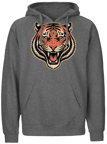 Third Eye Mystical Tiger Head Art Print - Tiger, third eye, mystical, spiritual, fierce tiger, animal art, tattoo style, wild animal, nature, bold art, unique design, tiger head, big cat, spiritual animal, tiger art print, animal lover, eye-catching, cool design, powerful, tiger roar - Fairtrade Hoodie
