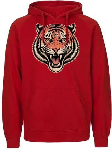 Third Eye Mystical Tiger Head Art Print - Tiger, third eye, mystical, spiritual, fierce tiger, animal art, tattoo style, wild animal, nature, bold art, unique design, tiger head, big cat, spiritual animal, tiger art print, animal lover, eye-catching, cool design, powerful, tiger roar - Fairtrade Hoodie