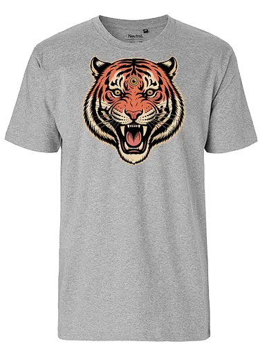 Third Eye Mystical Tiger Head Art Print - Tiger, third eye, mystical, spiritual, fierce tiger, animal art, tattoo style, wild animal, nature, bold art, unique design, tiger head, big cat, spiritual animal, tiger art print, animal lover, eye-catching, cool design, powerful, tiger roar - Fairtrade T-Shirt